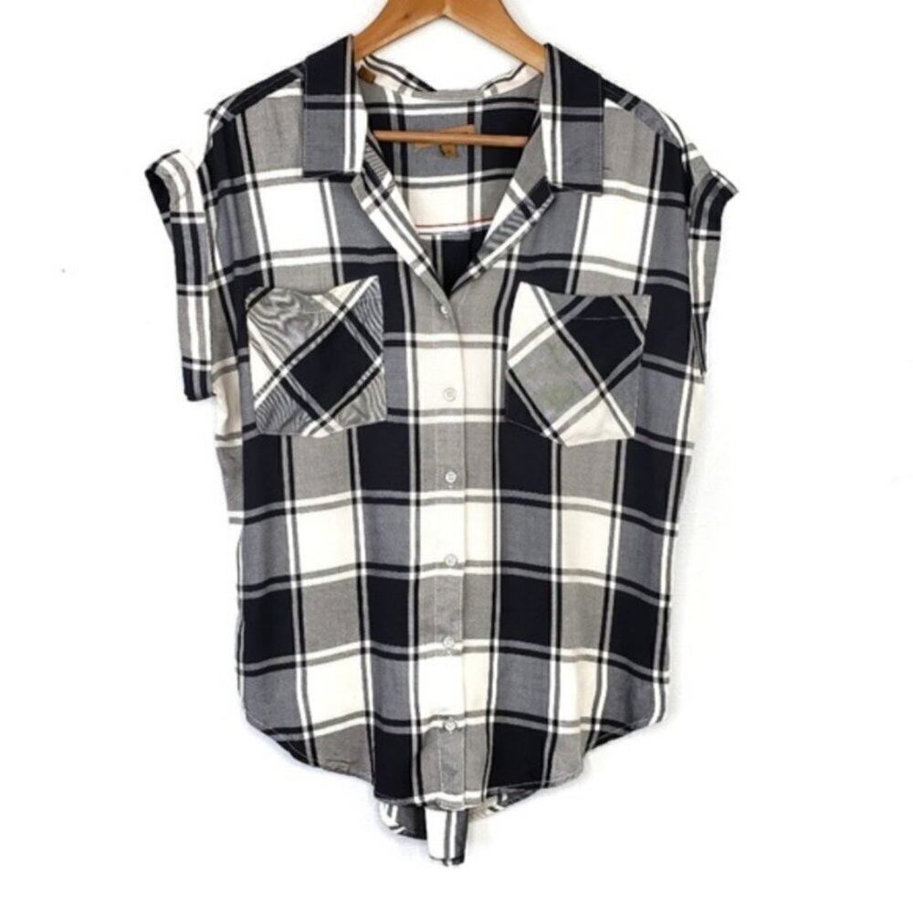 Jachs Girlfriend Button Down Plaid Dolman Short Sleeve Top Blouse Shirt Size S